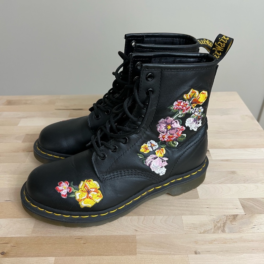 DR. MARTENS 1460 VONDA II black yellow pink embroidered floral print ankle boot